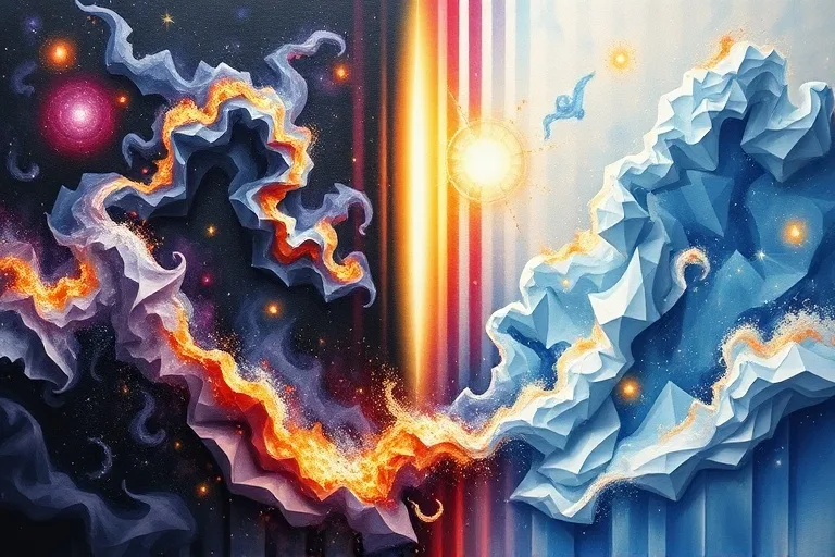 Oil painting depicting a journey from dark, swirling tension to a serene, expanding field of light, with a bright beam symbolizing balance.