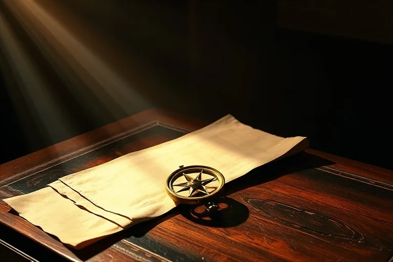 Cinematic still life of ancient, unrolled Chinese scrolls resting on a polished dark wood desk, illuminated by a single, soft beam of light, with a traditional brass compass pointing east. The scene evokes wisdom, guidance, and historical depth.