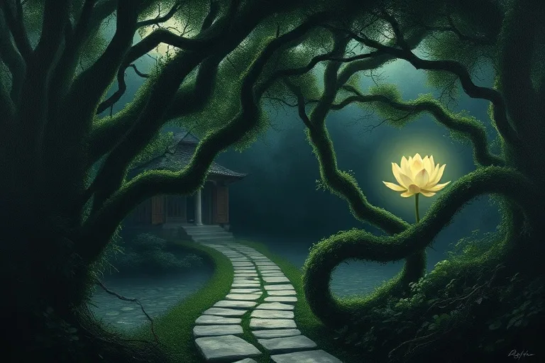 Oil painting of a tranquil, moonlit garden with dense, intertwining foliage, a winding stone path partially obscured by mist, and a single, luminous lotus flower at its center. The atmosphere is mysterious and serene, symbolizing hidden potential and strategic growth.