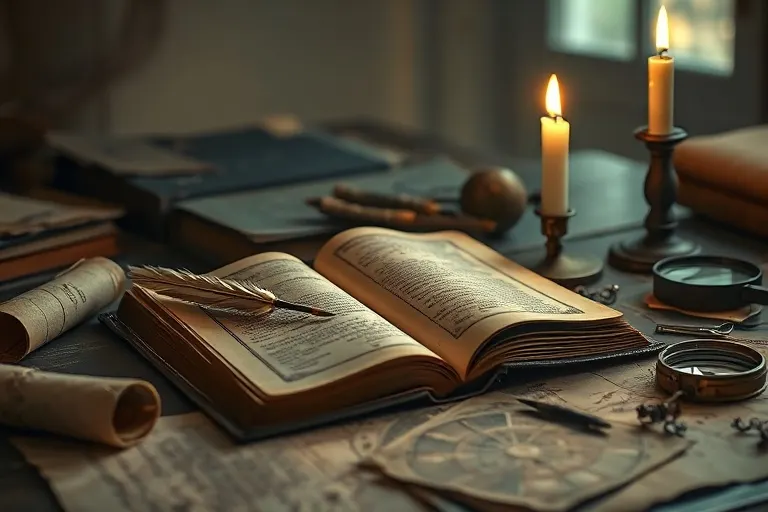 Cinematic still life photography of an antique, leather-bound astrology book lying open on a weathered wooden desk. A quill pen rests beside it, and a half-burnt candle casts a warm glow. Scattered around are old maps, a brass compass, and a magnifying glass, suggesting deep study and exploration of life's paths. Dramatic chiaroscuro lighting, rich textures, focus on intricate details, no humans, no faces, no text.