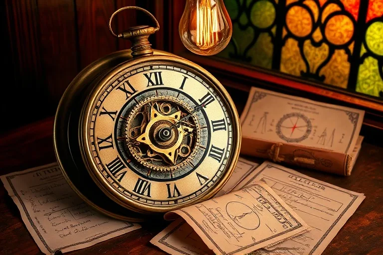 Vintage clock with exposed gears on an antique desk, surrounded by scientific papers and an Edison bulb, symbolizing intellectual disruption and revolutionary discovery.