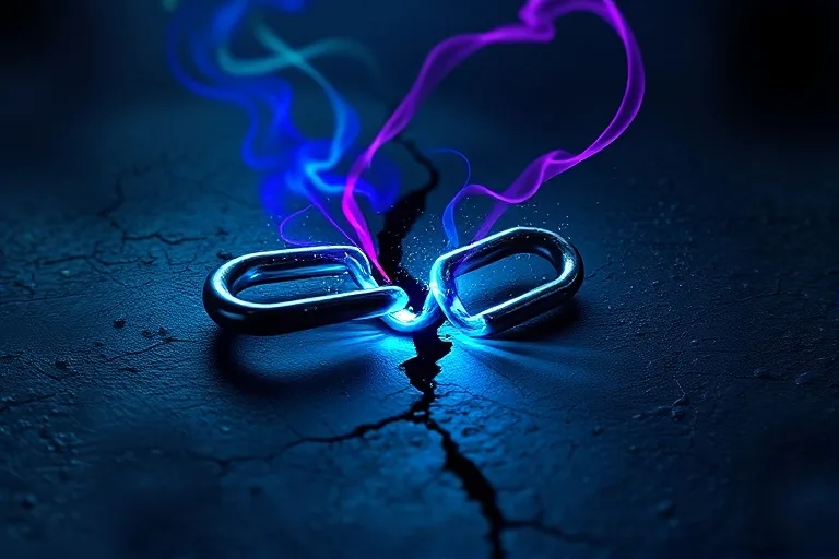Conceptual art painting of a broken chain link glowing with internal light on a cracked concrete surface, with ethereal energy lines, symbolizing liberation and unexpected freedom.