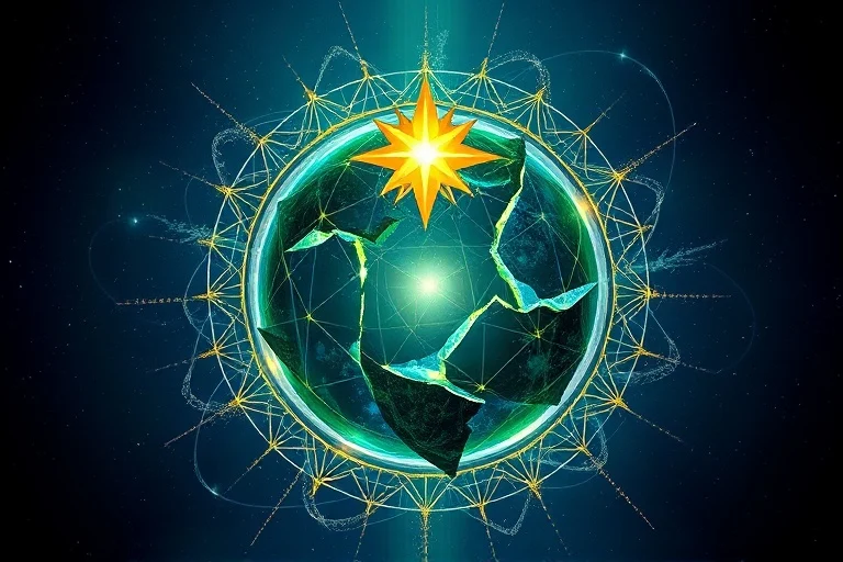 3D digital illustration of a fragmented blue and green globe, surrounded by cosmic dust and glowing geometric patterns, with a bright star at its core.
