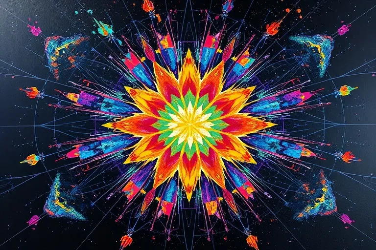 Abstract oil painting with an explosion of vibrant, clashing colors and dynamic brushstrokes breaking free from rigid, dark lines.