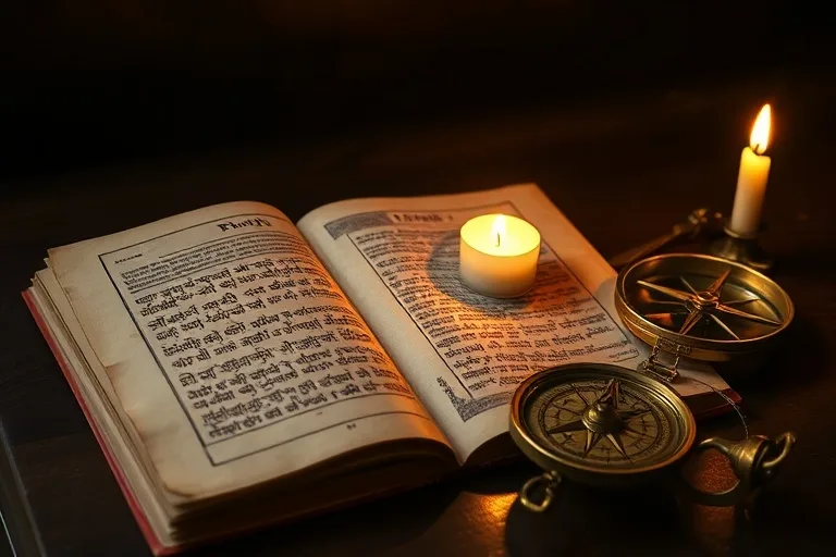 Aged Vedic text, astrolabe, and compass on a wooden table with candlelight