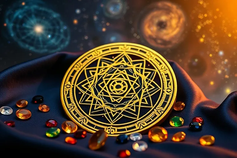Polished gemstones and etched yantra on silk cloth with celestial background