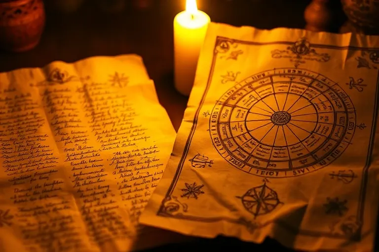 A detailed macro photograph of ancient astrological texts, a palm leaf manuscript and a medieval parchment, illuminated by soft candlelight.