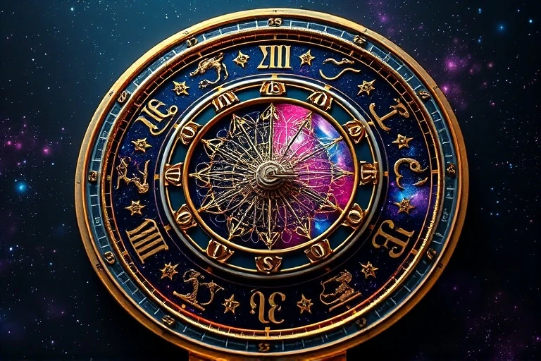 Abstract conceptual art of a cosmic clock with sidereal and tropical zodiac representations, rendered in metallic and celestial colors.