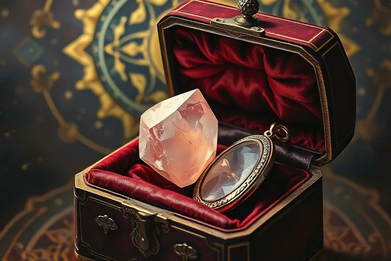 Oil painting of an antique velvet jewelry box, slightly ajar, revealing a rose quartz crystal and a silver locket. Soft, warm lighting highlights textures.