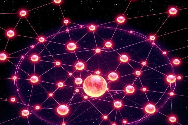 3D digital illustration of an isometric render of a stylized, interconnected network of glowing, delicate threads forming a complex web with shimmering orbs.
