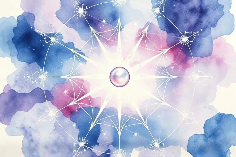 Abstract watercolor painting of interconnected constellations with a luminous pearl, representing cosmic connections and the subtle beauty of astrological influence.