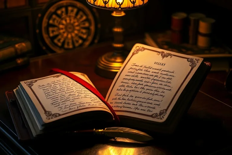 Cinematic still life of antique velvet-bound journals, open to pages filled with handwritten poetry and pressed flowers, resting on a polished wooden desk illuminated by the soft glow of a vintage desk lamp. A single, ornate quill pen lies beside them. The scene evokes introspection and romantic expression.