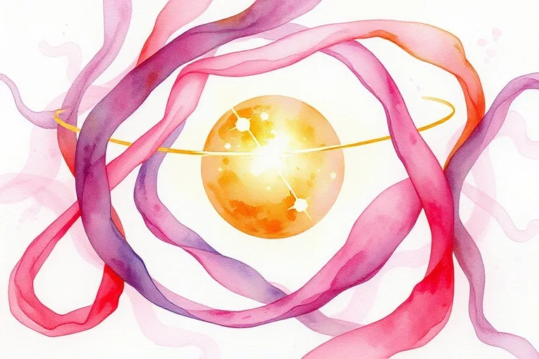 Abstract watercolor painting depicting flowing, interconnected ribbons of vibrant colors (pinks, purples, golds) swirling around a central, softly glowing orb. The composition suggests the intricate and fluid nature of human connections and shared values, with no discernible figures or objects.