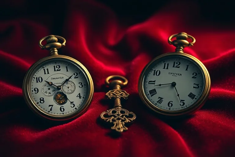 Cinematic still life photography of two antique pocket watches and an ancient key on velvet, symbolizing fated encounters and the passage of time.