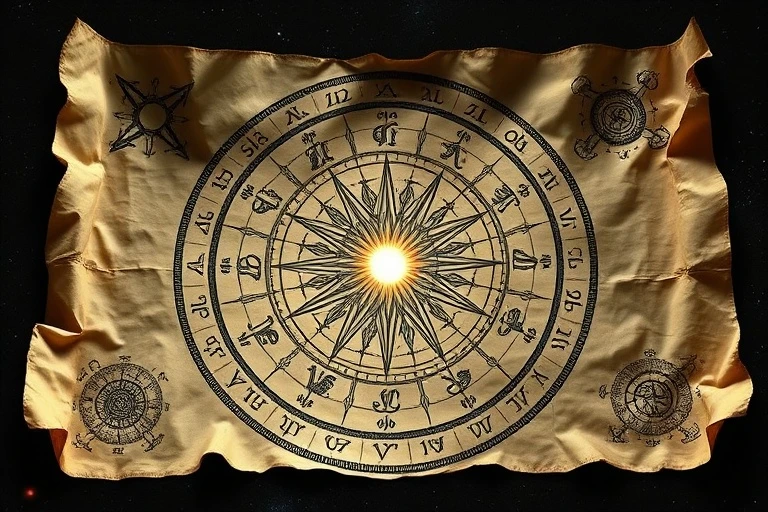 Conceptual art of an ancient parchment scroll with astrological symbols converging to a bright point, symbolizing destiny revealed in a birth chart.