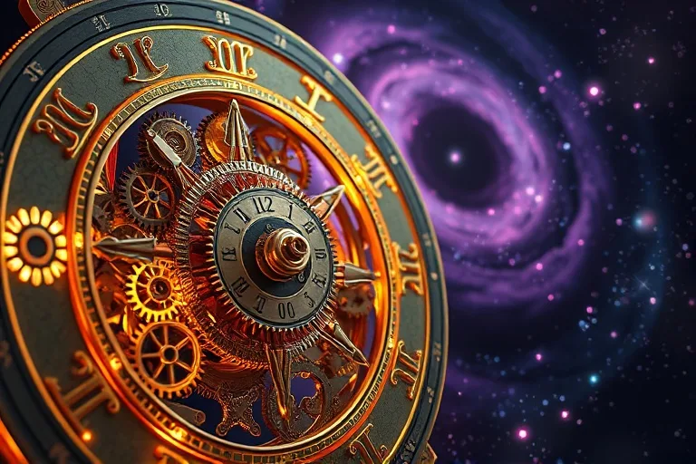 A detailed, glowing cosmic clockwork mechanism with intricate gears and cogs, representing the unseen forces of fate and destiny, against a dark, star-filled nebula. The focus is on the complex inner workings, suggesting precision and inevitability.