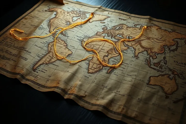 A weathered, antique map unfurling across a dimly lit wooden table, with a single, luminous, golden thread tracing an unexpected, winding path across continents. The map is rich in texture and detail, suggesting ancient knowledge and hidden routes.