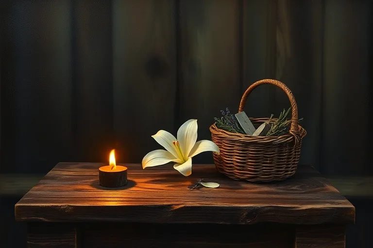 Oil painting of a rustic wooden altar with a white lily, glowing ember, and woven basket of herbs.