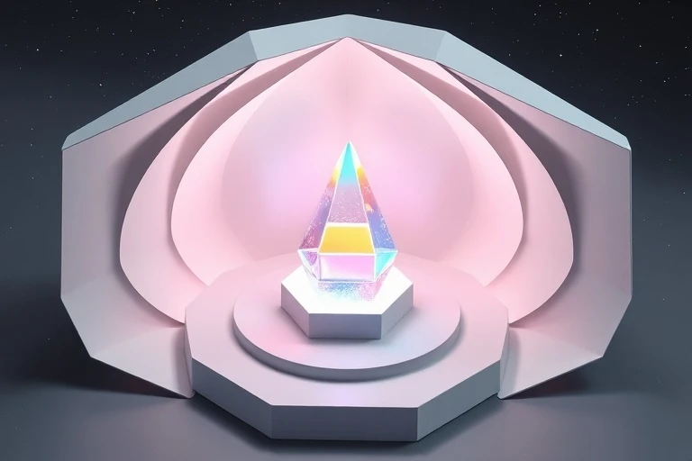 3D isometric render of a minimalist meditation pod with a geometric crystal prism refracting light.