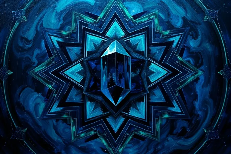 Abstract oil painting with swirling indigo and emerald hues, delicate brushes, and a dark crystal, representing creative depth and meticulous artistry.
