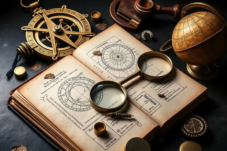 Macro photography of vintage scientific instruments and journals, symbolizing Virgo's analytical and meticulous nature.