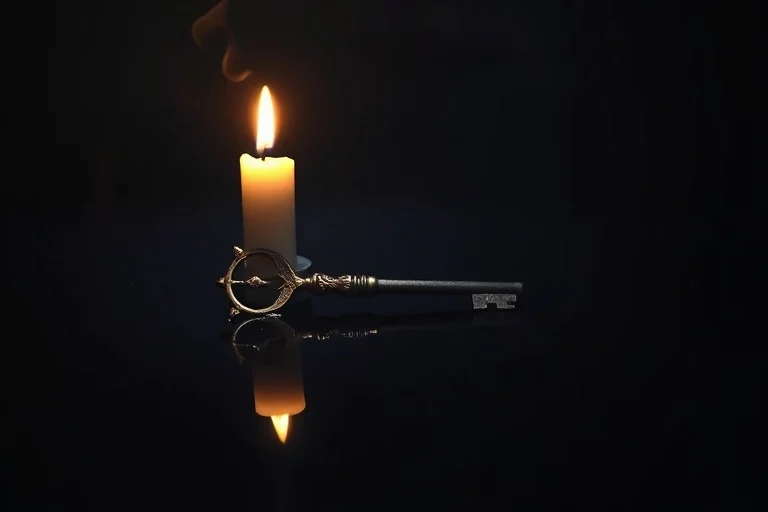 Cinematic still life of a deep pool reflecting a candle, with an ornate silver key, symbolizing Scorpio's mystery and depth.