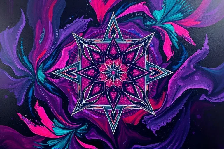 Abstract oil painting of swirling, turbulent brushstrokes in deep purples, crimson, and dark teal, contrasted with sharp lines of silver and emerald green, symbolizing emotional depth and transformation.