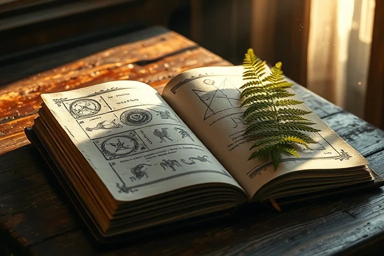 Cinematic still life of an open grimoire on a wooden desk, with symbols and a fern, representing ancient wisdom and healing.