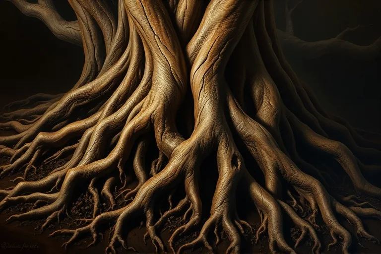 Macro oil painting of intertwined gnarled tree roots in dark soil, symbolizing complex power dynamics and interdependence.