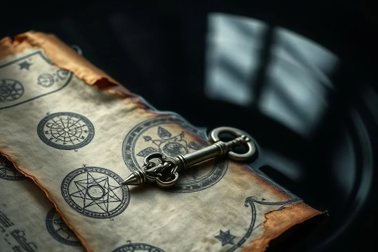 An ancient scroll with astrological symbols and a silver key partially submerged in water, symbolizing hidden knowledge and emotional depth.