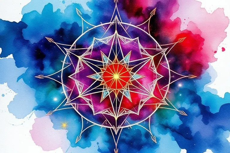 Abstract watercolor blending sharp geometric lines in cool blues and greens with intense purples and reds, symbolizing the dynamic interplay of analytical and passionate forces.