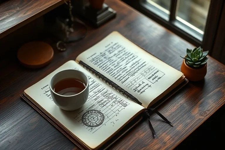 Cinematic still life of an antique, leather-bound planner, herbal tea, and succulent on a wooden desk, symbolizing Virgo's organized and health-conscious routine.