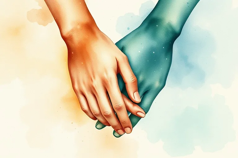 Abstract watercolor painting of intertwining hands in earth and water tones, symbolizing harmonious zodiac compatibility.