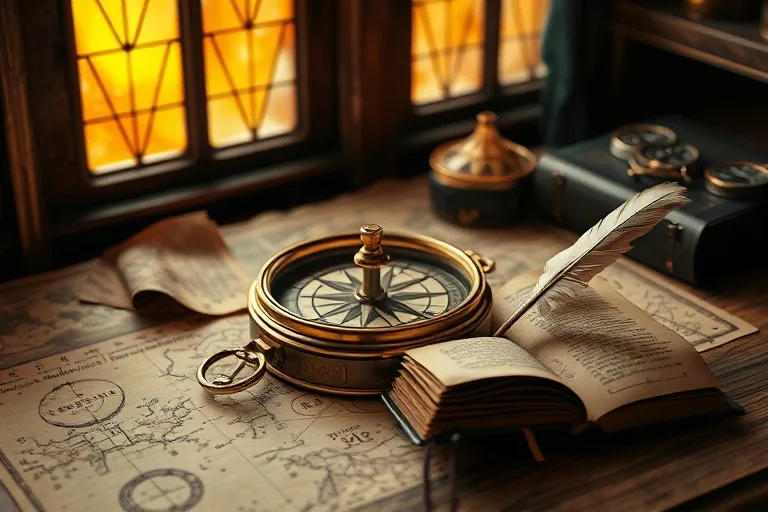 Digital 3D illustration of a vintage compass spinning wildly on an antique wooden desk, surrounded by scattered maps and a half-written journal.