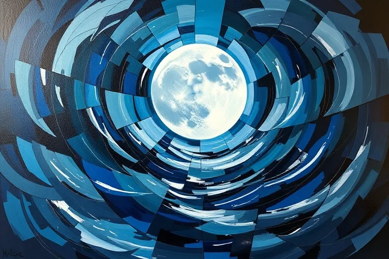 Abstract oil painting depicting fragmented reflections of a moon in disturbed water, with swirling brushstrokes of deep blues, grays, and whites.