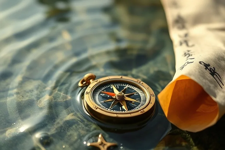 Vintage brass compass in rippling water next to ancient Chinese calligraphy scroll, symbolizing intuition and wisdom.