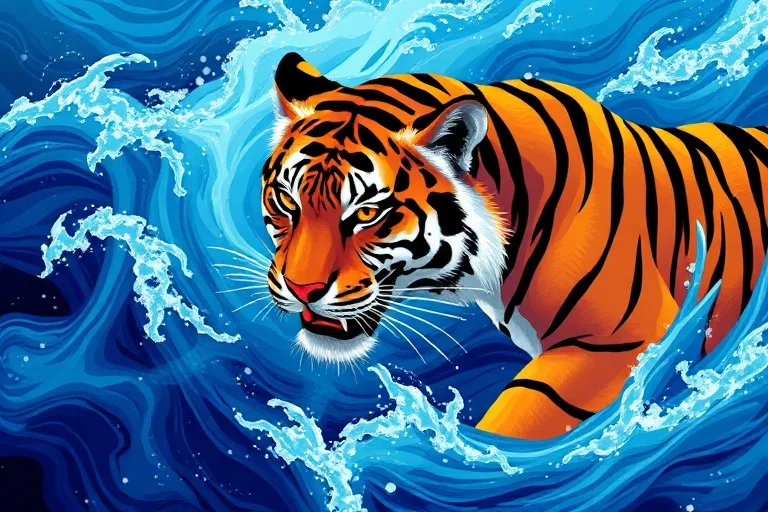 Abstract digital art blending water currents and sharp tiger lines, symbolizing the Water Tiger's dynamic and intuitive nature.