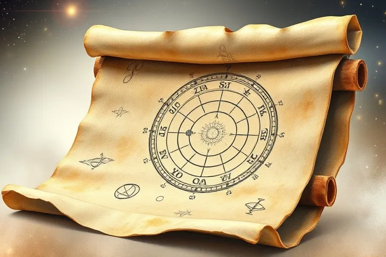 Watercolor painting of an ancient, weathered scroll unfurling to reveal faint astrological symbols and planetary orbits, illuminated by a soft, ethereal glow, NO humans, NO faces, NO people.