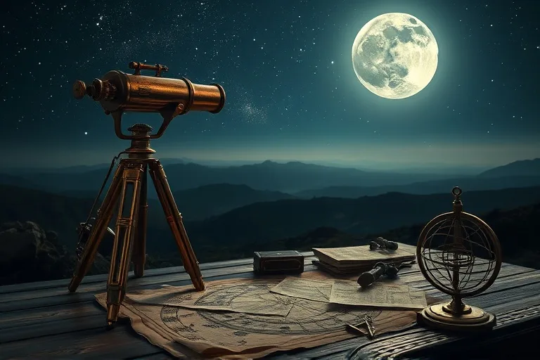 Cinematic photograph of a vintage brass telescope pointed towards a star-studded night sky, with old astrological charts and compasses scattered on a wooden table in the foreground, soft moonlight, NO humans, NO faces, NO people.