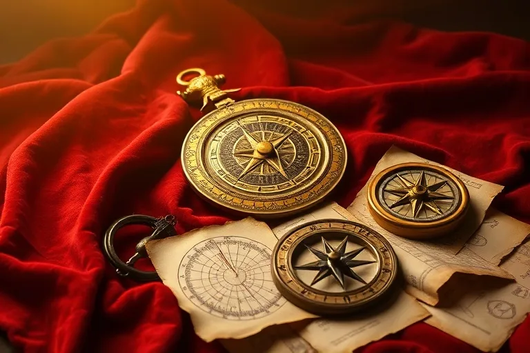 An antique, ornate brass astrolabe resting on a velvet cloth next to a meticulously carved wooden Chinese Luopan compass, surrounded by aged scrolls with faint astrological diagrams and celestial charts, all bathed in a soft, diffused light, emphasizing ancient wisdom.
