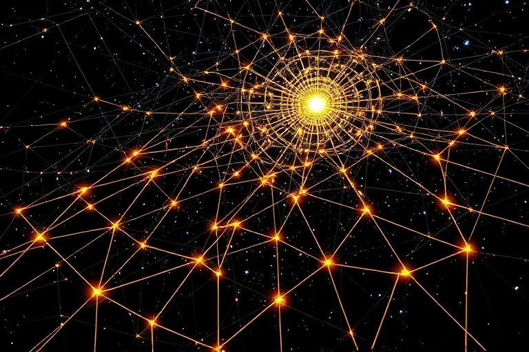 Intricate golden and silver threads forming an intricate, glowing web against a dark, star-dusted cosmic void, with subtle, abstract representations of the five elements and planetary symbols emerging from the intersections, illustrating interconnectedness and fate.