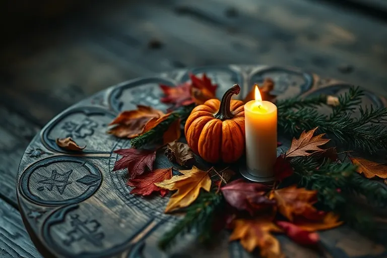 A still life of an antique wooden altar with a candle, dried leaves, a carved pumpkin, and evergreen, evoking autumn and winter.