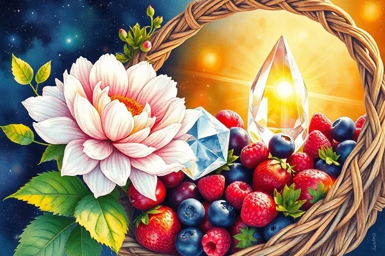 A watercolor painting of a vibrant spring flower, a basket of berries, a woven wreath, and a sun-drenched crystal, symbolizing spring and summer.