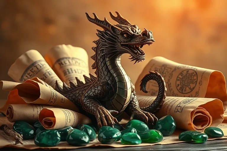 An ancient, intricately carved wooden dragon statue, surrounded by unfurling scrolls and polished jade stones, symbolizing the destiny of a Wood Dragon.