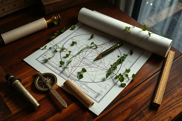 Cinematic still life of drafting tools and blueprints intertwined with green vines on a wooden desk.
