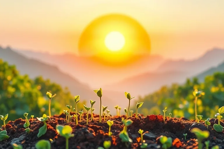 Watercolor painting of a serene landscape with new shoots and a rising sun, symbolizing renewal.