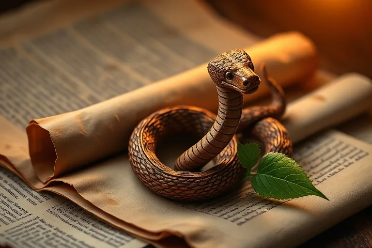 Meticulously carved wooden snake figurine on ancient scrolls, with a green leaf and warm light, suggesting scholarship and growth.