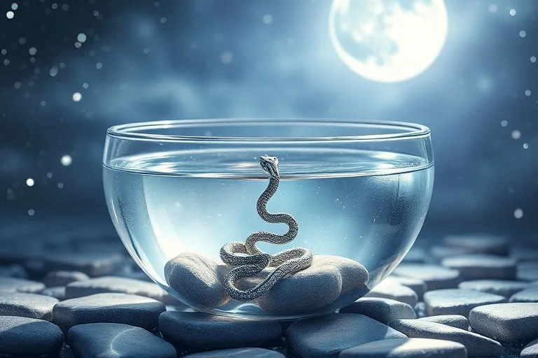 Mystical watercolor painting of a crystal bowl with water, reflecting moonlight, containing a silver snake pendant and river stones.