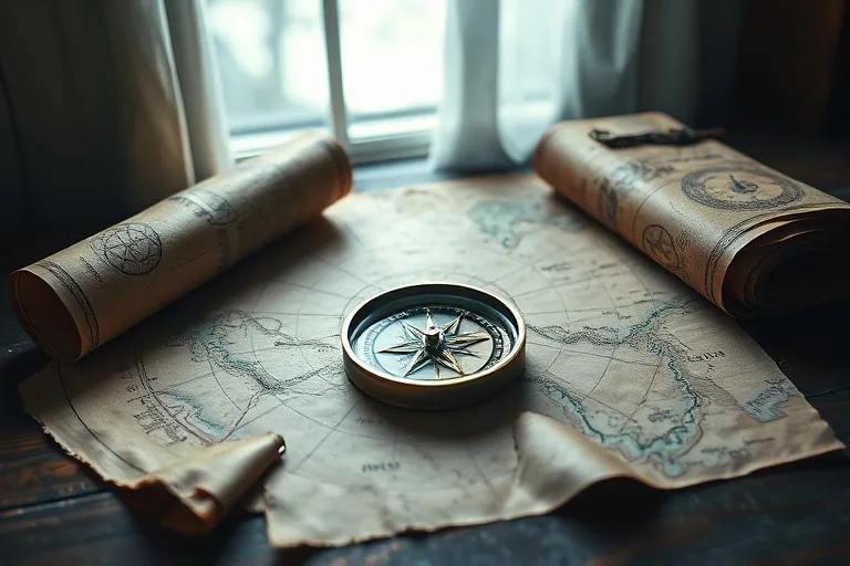 Antique compass on a wooden table, illuminated by moonlight, surrounded by unrolled maps, symbolizing uncertain navigation.