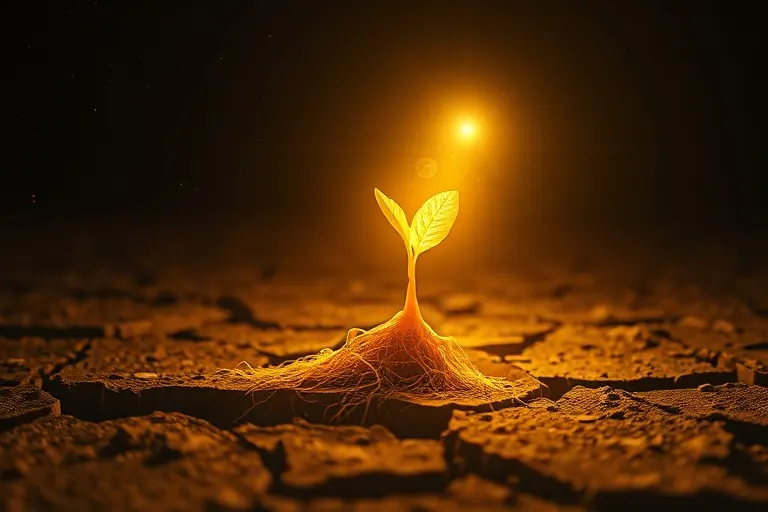 Glowing seed sprouting from cracked earth, surrounded by crystalline roots, pushing towards a distant light, symbolizing unlocked potential.